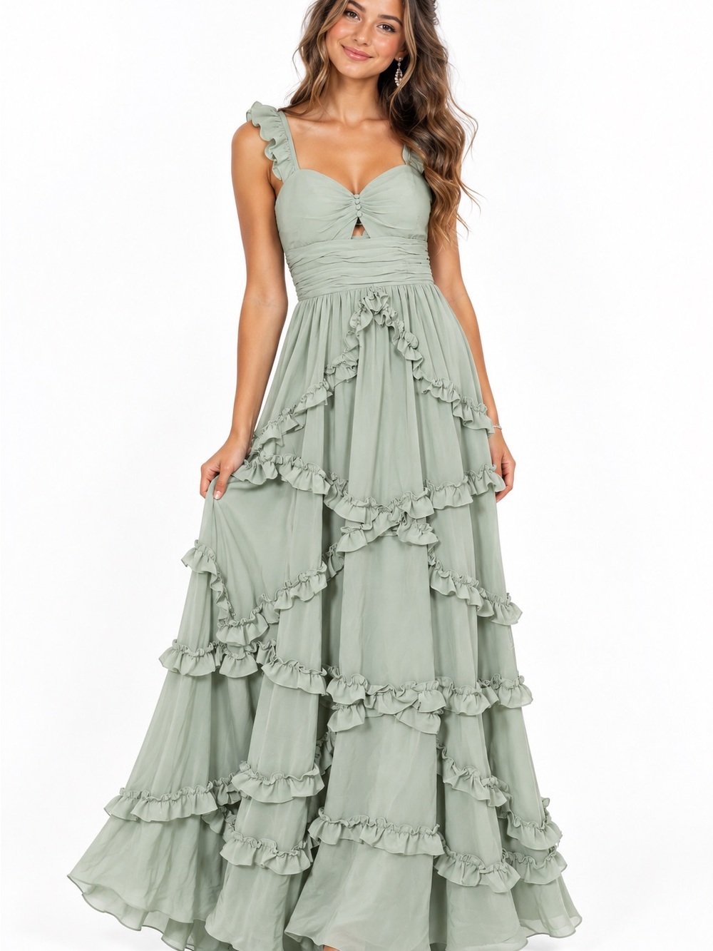 Ruffled Maxi Dress in Sage Green